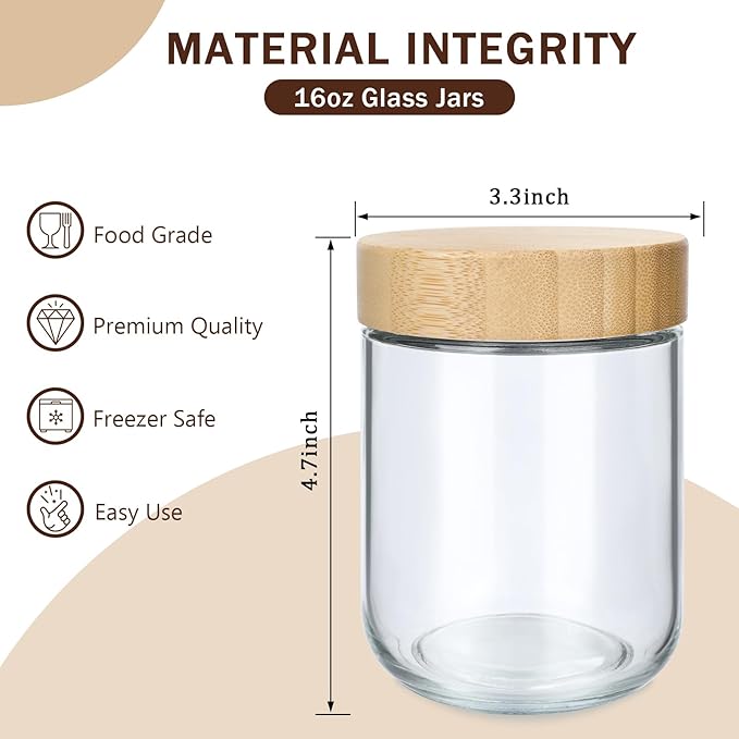 OcePor 6 Pack 16oz Glass Jars with Bamboo Lids, Over Night Oats Container with Airtight Lid, Glass Snack Storage Salad Jars For Food, Yogurt, Sugar and Flour,Coffee Bean, Cookie, Cereal