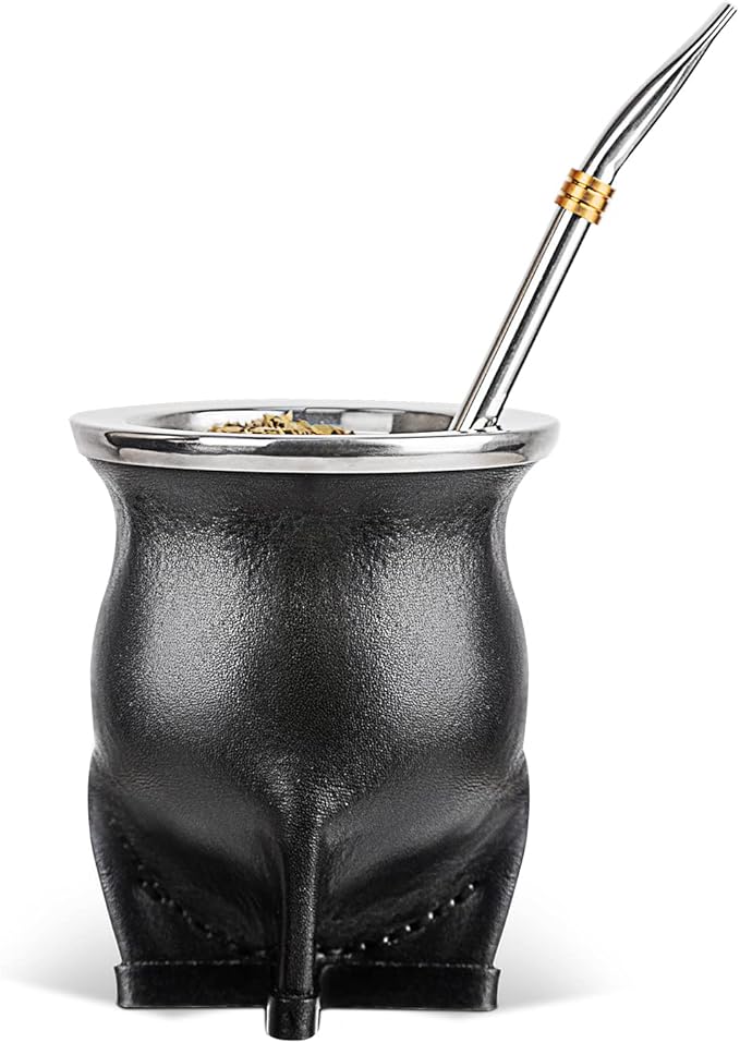 Ceramic Liner Yerba Mate Cup Argentina Gourd with Mate Bombilla Straw, Cleaning Brush (Black)