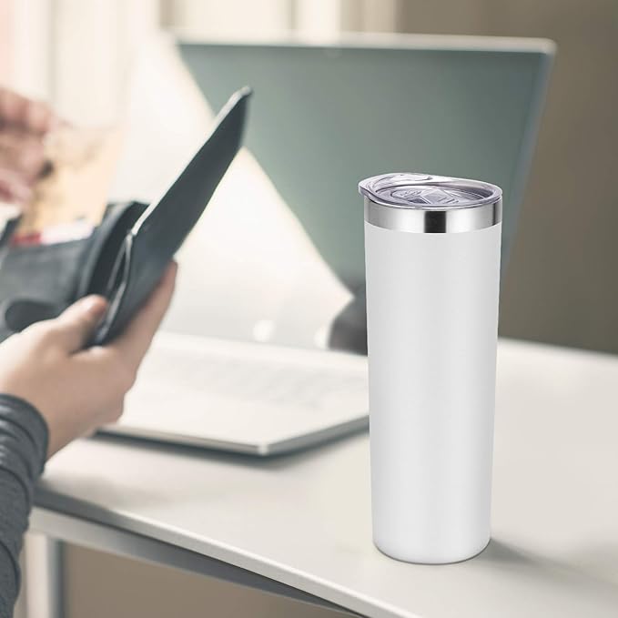 VEGOND Stainless Steel Tumblers Bulk 8 Pack, 20 oz Vacuum Insulated Skinny Tumblers with Lid and Straw, Double Wall Coffee Mug, Travel Water Cup, White