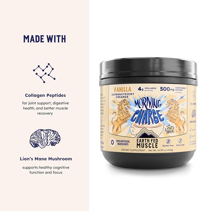 Earth Fed Muscle Morning Charge Protein Coffee Creamer with Collagen & Lion’s Mane – Organic Coffee Creamer with Adaptogenic Mushrooms – Dairy-Free, Soy-Free, Gluten-Free – 24 Serving