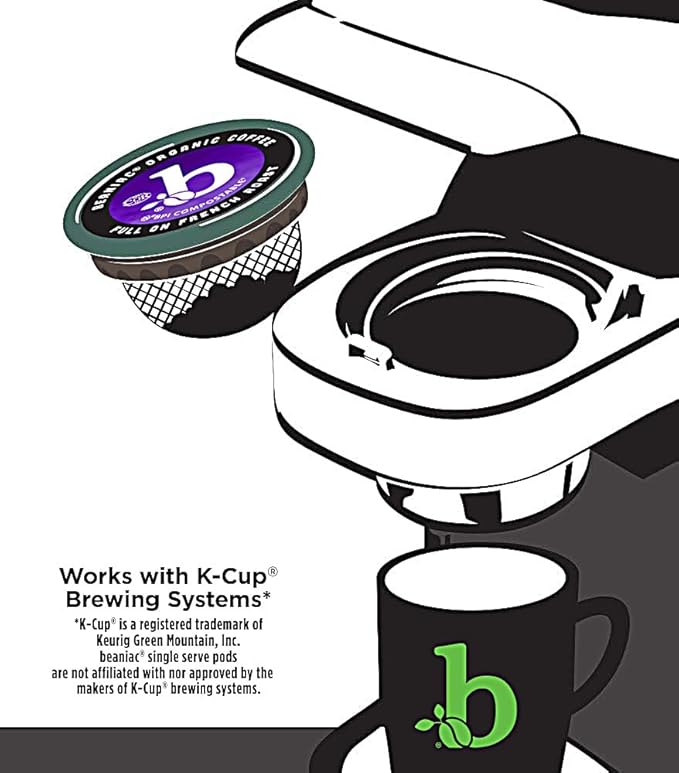 beaniac Organic Full On French Roast, Dark Roast, Single Serve Compostable K Cup Coffee Pods, Organic Arabica Coffee, Keurig Brewer Compatible, 72 Count