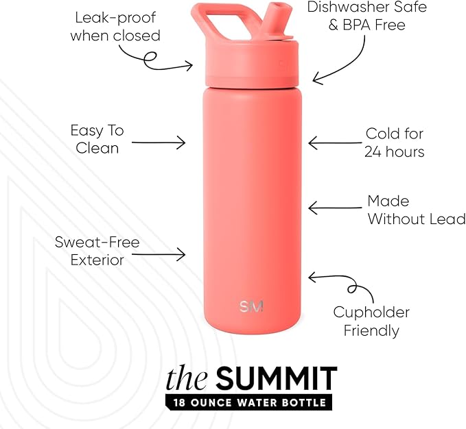 Simple Modern Kids Water Bottle with Straw Lid | Vacuum Insulated Stainless Steel Metal | Reusable Leak Proof BPA-Free Thermos for School | Summit Collection | 18oz, Honolulu