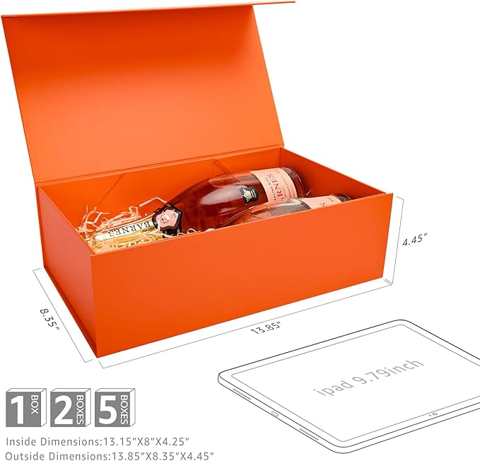 LIFELUM Gift Boxes 13.85 x 8.35 x 4.45 inch 5 Pack Gift Boxes with Lids Contains Card, Ribbon, Shredded Paper Filler (Orange)