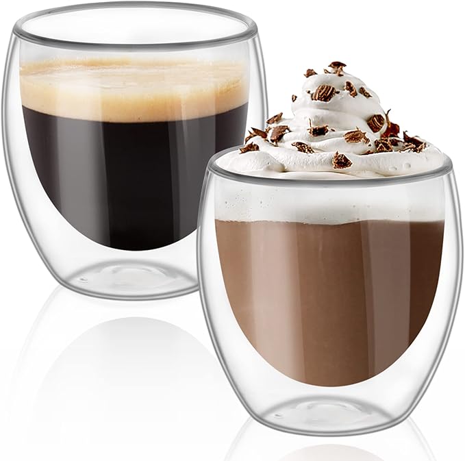 ComSaf Cappuccino Cup 8 oz, Glass Coffee Cups Set of 2, Double Walled Glass Coffee Mugs for Caramel Macchiato, Latte, Flat White, Lungo, Coffee Mug Set Gift for Christmas, Birthday
