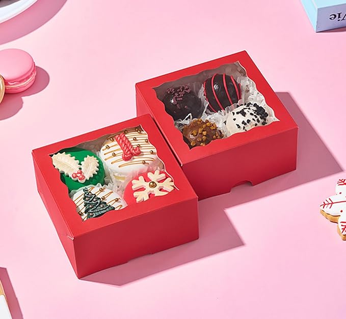 90 PCS 4x4x2 inches Classic Red Bakery Boxes with Window - Macaron, Cookie, Chocolate Truffle, Strawberry & Mini Cake Gift Boxes for Parties, Valentine's, Birthdays, Wedding, Christmas Favors