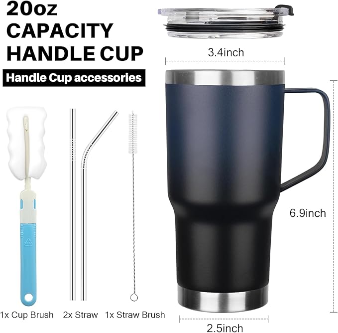 20 oz Tumbler with Handle, Stainless Steel Insulated Tumbler with Lid and Straw, Double Wall Vacuum Coffee Mug Cup, Insulated Coffee Thermal Cup for Cold and Hot (Blue Black)