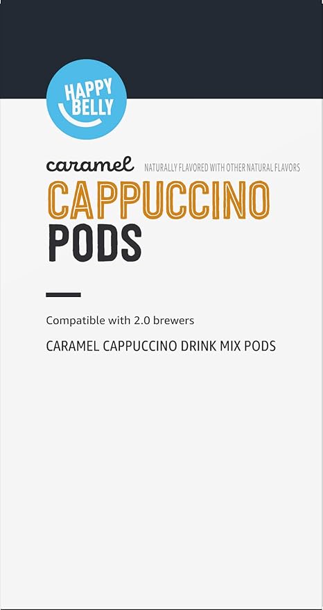 Amazon Brand - Happy Belly Cappuccino Coffee Pods Compatible With K Cup Brewers, Light Roast, Caramel Flavored, 24 Count, 12.72 ounce (Pack of 1)