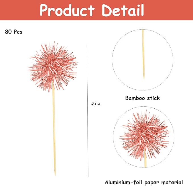 80 Pcs Firework Cupcake Topper Rose Gold Graduation Cake Decorations Foil Frill Toothpicks for Party Decoration, Cake Toppers, Picnics, Bar, Birthday, Holiday (Rose Gold)