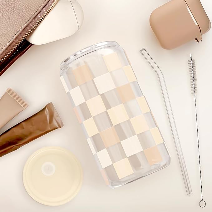 SANDJEST Checkerboard Glass Can, Beige Checker Cup with Lid & Straw, Iced Coffee Aesthetic Cups, Gift for Christmas Birthday Mother Day, Gifts for Women, 16oz