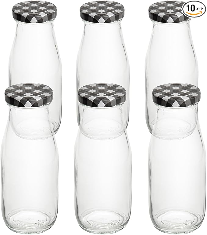 Restaurantware French Countryside 11 Ounce Glass Bottles 10 Durable Juice Bottles - With Black Plaid Lid Dishwashable Clear Glass Countryside Bottles For Hot And Cold Beverages