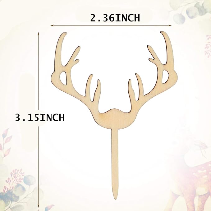 Deer Cupcake Toppers Wooden Baby Shower Woodland Antler Cake Picks Party Decorations Wedding Hunting Boho Rustic Country Birthday Party Supplies Set of 24