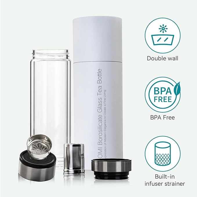 COMI Tea Bottle with Infuser,Double-Wall Glass Travel Mug with One Click Open Lid, Leak Proof Tea Infuser Bottle for Loose Leaf, Fruit & Flower Infused Drinks, Heat & Cold Resistant, Tea Gift Set