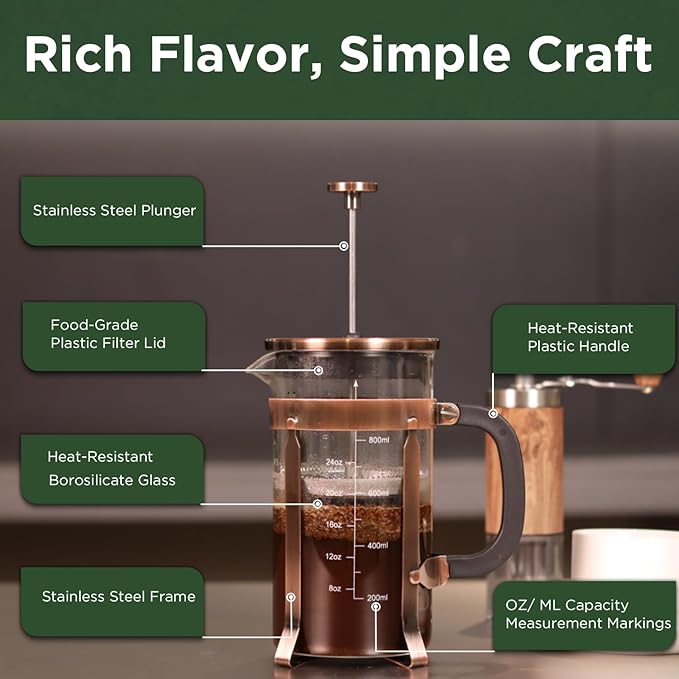 21 Ounce / 600ML French Press Coffee Maker - Stainless Steel & Borosilicate Glass, 4 - Filter for Smooth Brews - Perfect for Cold Brew, Espresso & Tea