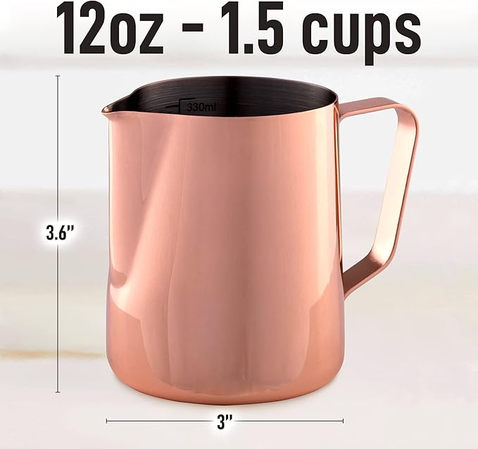 Zulay Milk Frother Cup 350ml/600ml/950ml (12oz/20oz/32oz) - Stainless Steel Frothing Pitcher With Laser-Welded Handle & Precise Measurement Markings - Rose Gold - 12oz