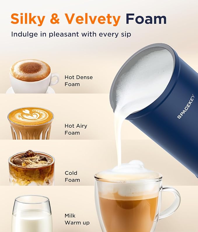 Spacekey Milk Frother, 4-in-1 Milk Frother and Steamer, Auto Shut-off Hot & Cold Foam Maker with Mute Mode, Temperature Control Electric Milk Frother for Coffee, Latte, Cappuccino, Macchiatos