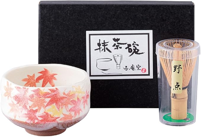 Japanese Traditional Mino Ware Handcrafted Mini Matcha Chawan Tea Bowl Cup Set With Chasen Bamboo Tea Whisk Ceremony Tableware Pottery (Shino Momiji)