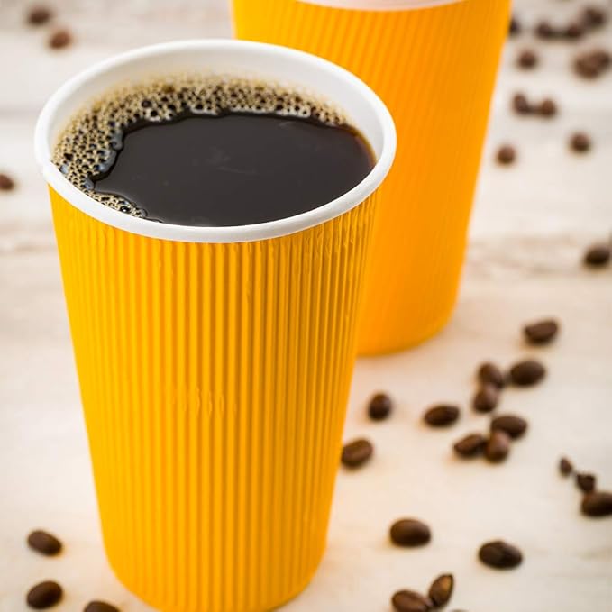 Restaurantware 16 Ounce Ripple Wall Disposable Coffee Cups, 500 Insulated Yellow Paper Tumblers with Rolled Rim Design, Lids Sold Separately for Hot Drinks like Tea, Hot Chocolate and More