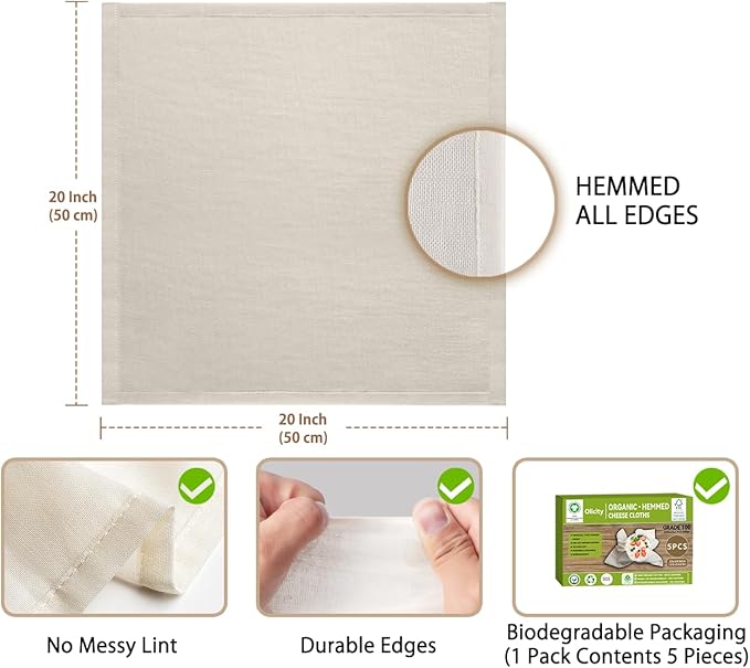 Organic Cheese Cloths, GOTS Certified, 5PCS, Grade 100, 20x20Inch Hemmed Cheese Cloth Fabric Reusable Fine Mesh Cloth, 100% Cotton Unbleached Muslin Cheesecloth for Straining, Cooking, Butter,Tofu,Tea