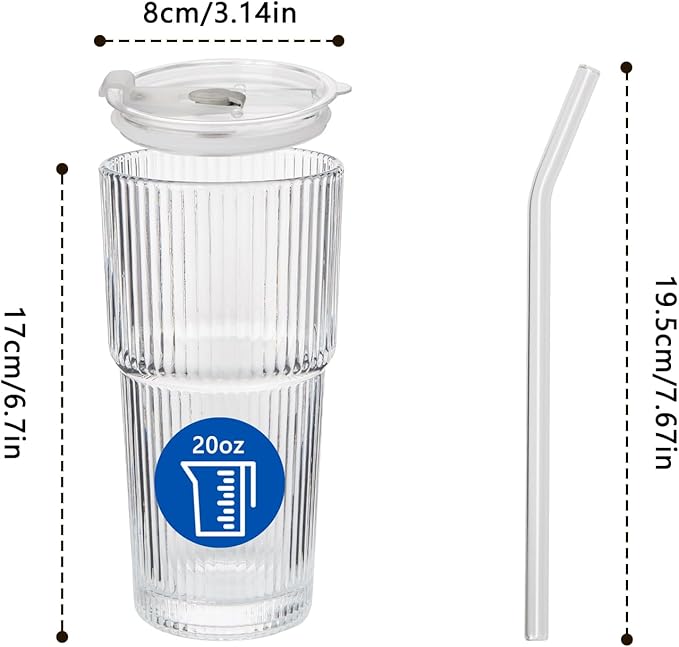20oz Ribbed Glass Cups with Lids and Straws 2 Set, Vintage Glassware for Whiskey Cocktail Beer, Glass Tumbler, Iced Coffee Cups For Cold Drinks, Smoothie, Juice,Drinking (6)
