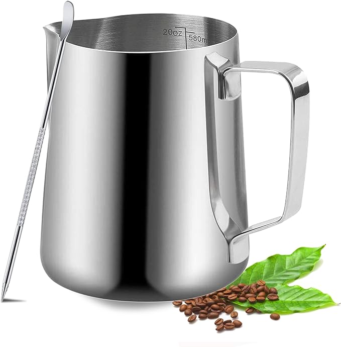 Milk Frothing Pitcher, 350ml/600ml (12oz/20oz) Milk Frother Cup Stainless Steel Jug Steaming Pitcher, Milk Coffee Cappuccino Latte Art Barista Steam Pitchers Milk Jug Cup with Decorating Pen