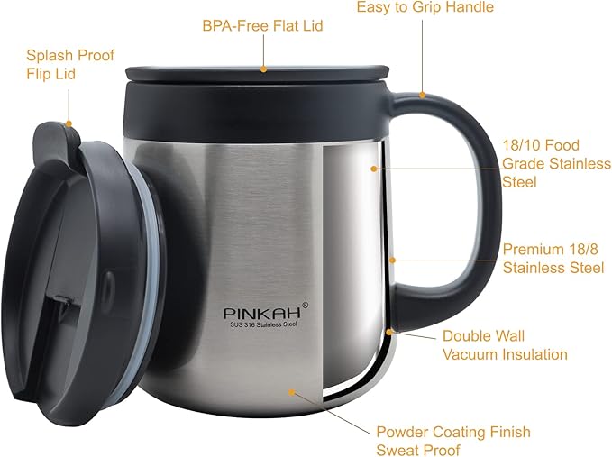 11OZ 330ML Stainless Steel Insulated Coffee Mug with Handle, Thermo Tumbler with Double Wall Vacuum Insulated Coffee Cup with 2 Lids