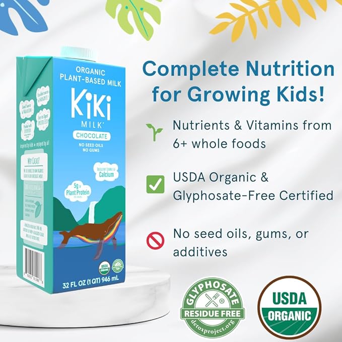 Kiki Milk Plant Based Milk - Organic Chocolate Milk - Calcium & Magnesium Source - Gluten Free, Gum Free, GMO Free, Dairy Free, Soy Free, Glyphosate Free - Shelf Stable - (32 oz • Pack of 6)
