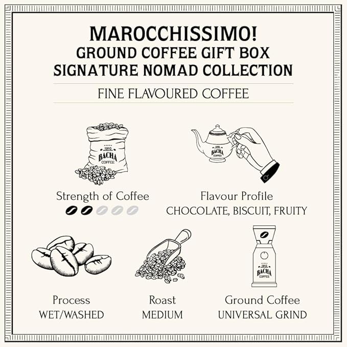 Bacha Coffee | Marocchissimo! Fine Flavoured Signature Nomad Collection, 100% Arabica Specialty Coffee, Ground Beans, Medium Roast, 250g