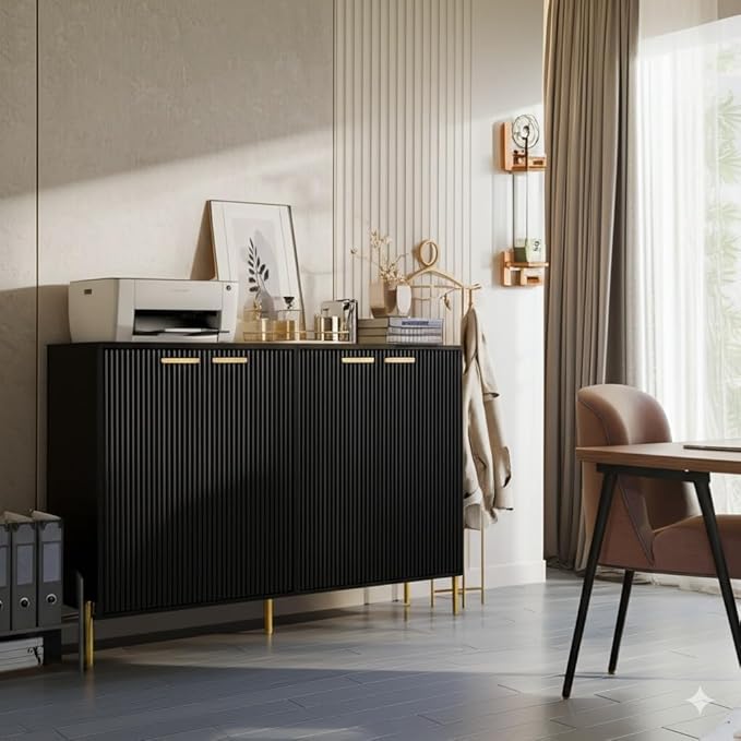 Black Fluted Sideboard Cabinet - Luxury Buffet Table with 4 Doors, Large Coffee Bar Station for Living Room, Kitchen, Hallway, Entryway Storage