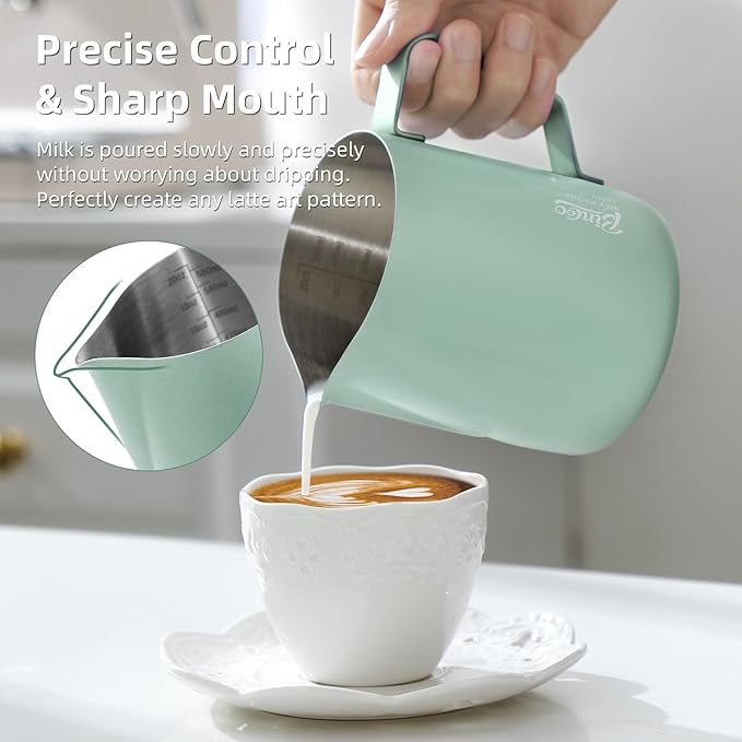 Milk Frothing Pitcher -350ml/12oz Milk Frother Cup Espresso Steaming Pitcher for Barista, Bincoo SUS304 Stainless Steel Espresso Steaming Pitchers for Latte Art/Cappuccino/Coffee (Green-350ml)