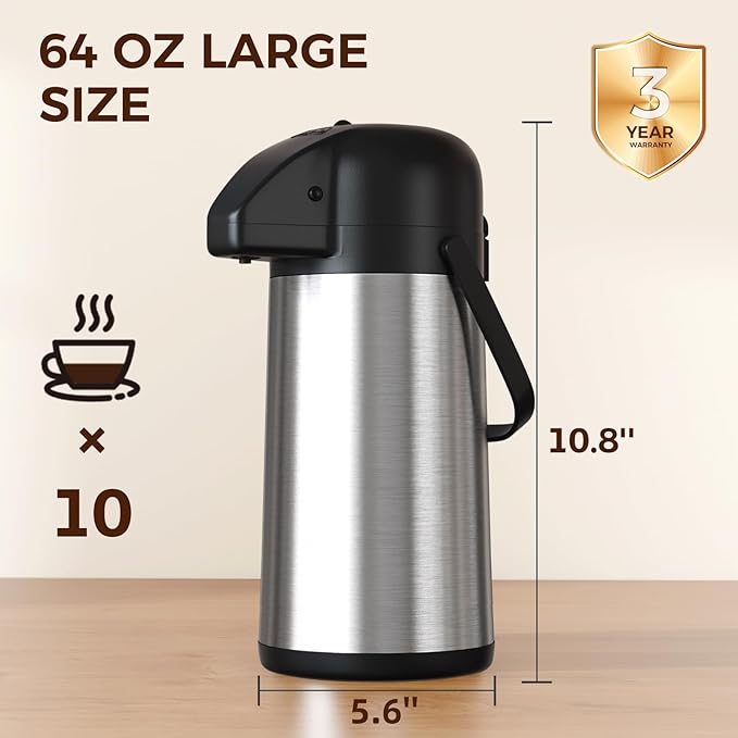 Coffee Carafe for Keeping Hot - 64OZ / 1.9L Airpot Coffee Dispenser with Pump - Large Coffee Thermos for Hot Drinks Tea Liquid - Insulated Stainless Steel Hot Water Beverage Dispenser Urn for Parties