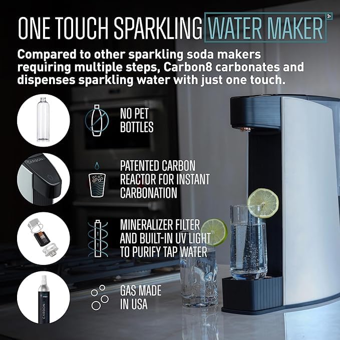 Carbon8 Sparkling Water Maker Machine, Home Soda Stream Machine, Screw-In CO2 Carbonator, Countertop Water Mineralizer, Seltzer Soda Maker Dispenser, CO2 Cylinder Included, Black