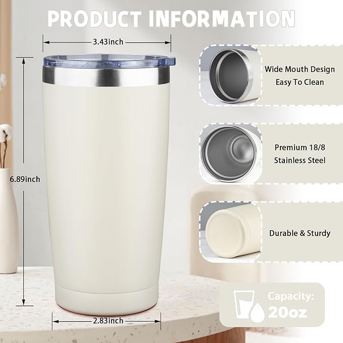 20 oz Tumbler with Lids and Straws, Stainless Steel Insulated Coffee Tumbler, Double Wall Vacuum Insulated Travel Mug Cup, Leakproof Thermal Coffee Cup for Hot and Cold Drinks (cream)