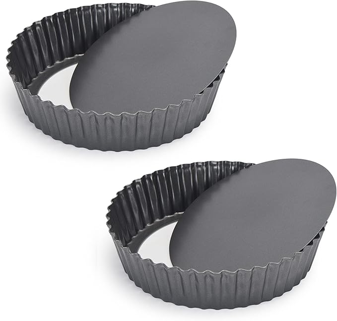 2 Pack Nonstick Tart Pan, Quiche Pan, Carbon Steel Deep-dish Pie Pan with Removable Loose Bottom (10 In)