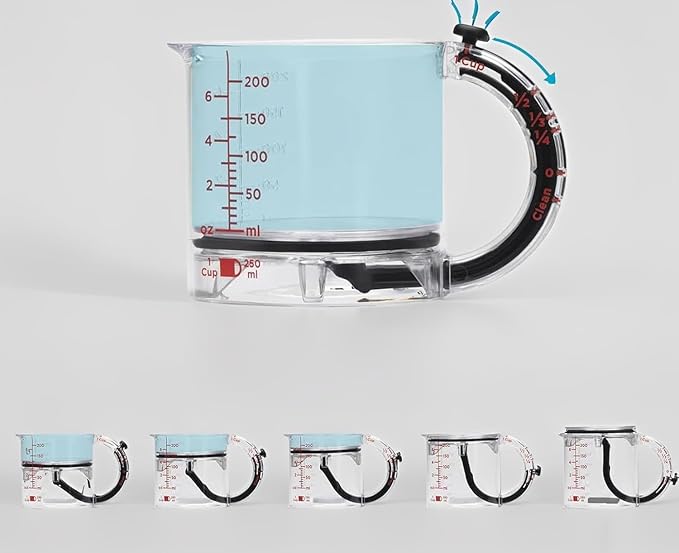 4-in-1 Adjustable Measuring Cup, Multi-Functional Measuring Cup with Scraper-Style Seal Base, Can Be Raised to Create Four Different Measurements 1/4 1/3 1/2 and 1, for Cooking and Baking