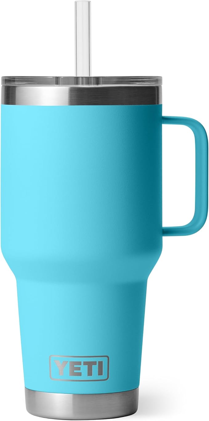 YETI Rambler 35 oz Tumbler with Handle and Straw Lid, Travel Mug Water Tumbler, Vacuum Insulated Cup with Handle, Stainless Steel, Reef Blue