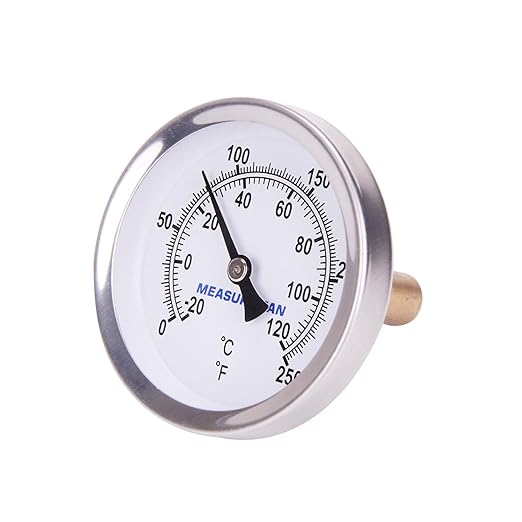 MEASUREMAN Hot Water Bi-Metal Thermometer, 2-1/2" Dial, 1-3/4" Lead-Free Brass Stem, Range 0-250 deg F/-20-120 deg C, 2% Accuracy, Adjustable, 1/2" NPT Back Mount