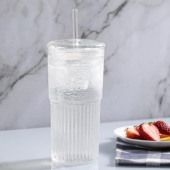Glass Cups With Lids and Glass Straws，20 OZ 4pcs High Borosilicate Glass Tumbler Iced Coffee Water Smoothie
