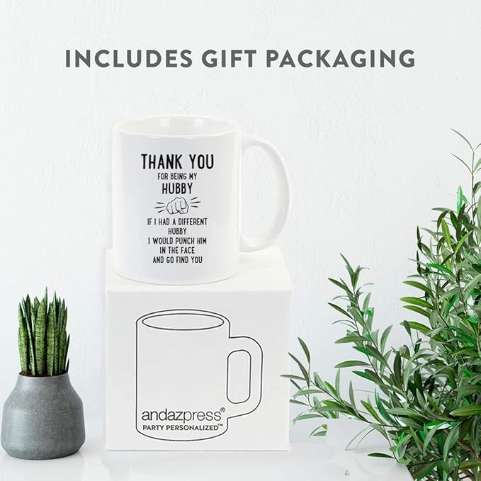 Andaz Press Funny Family 11oz. Coffee Mug Gift, Thank You for Being My Hubby, Punch in Face, 1-Pack, Christmas Birthday Drinking Cup Present Ideas