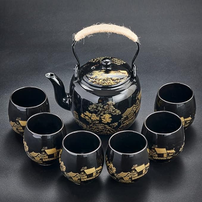 Japanese Tea Set, Black Glazed Tea Set in Gift Box With 1 Teapot, 1 Tea Strainer, 1 Tea Tray and 6 Tea Cups. Ideal Tea Set for Office Home, Asian Tea Sets for Tea Lovers(Country Black)