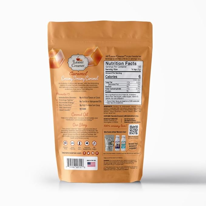 Leaner Creamer Coconut Creamer with Superfood Ingredients – Non-Dairy, Sugar-Free, Keto, Gluten-Free Powdered Coffee Creamer – Caramel – 280g