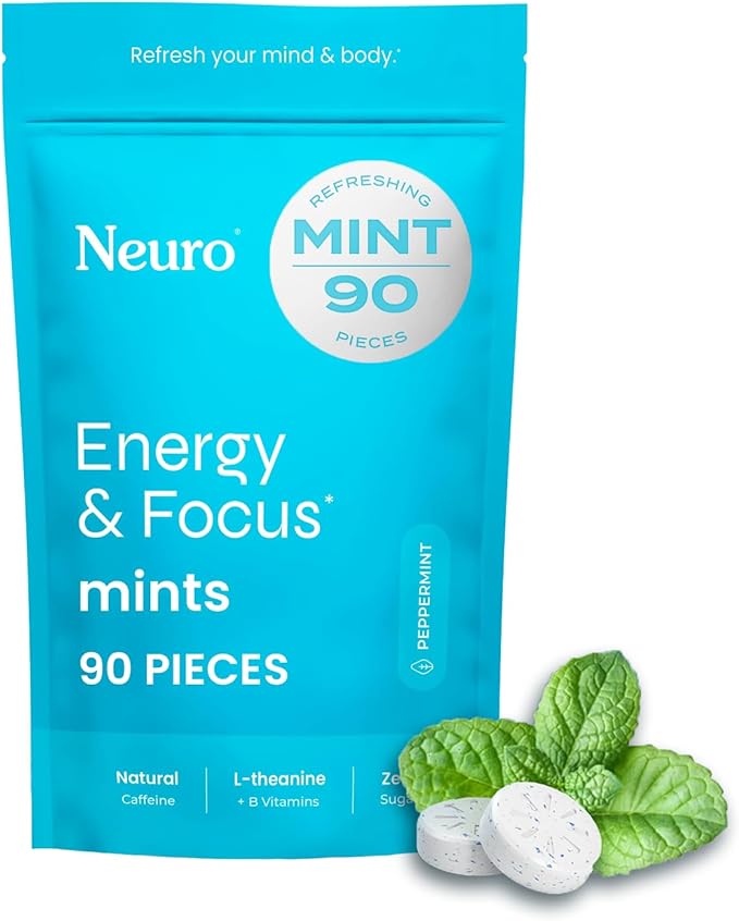 Neuro Energy & Focus Mints - Sugar Free Breath Mints with 80mg Natural Caffeine, B Vitamins & L-Theanine - Vegan Brain Supplement for Exercise, Study & Daily Focus - Peppermint, 90 ct