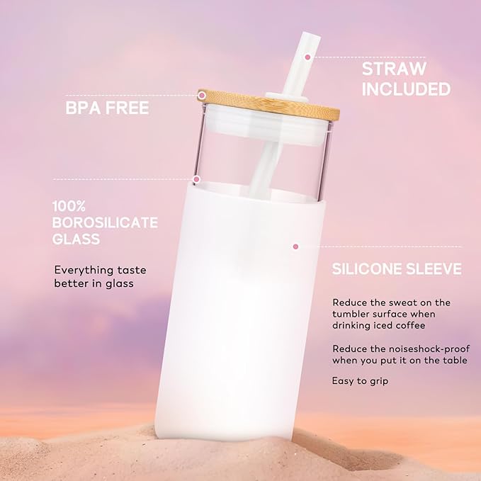 Tronco 20 oz Glass Tumbler with Lid & Straw - Iced Coffee Cup & Smoothie Cup With Silicone Sleeve | BPA-Free, Dishwasher Safe | Reusable Glass Cups with Bamboo Lids and Straws (Amber, 1 Count)