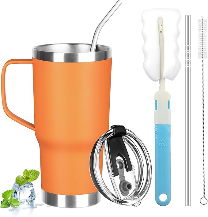 20 oz Tumbler with Handle, Stainless Steel Insulated Tumbler with Lid and Straw, Double Wall Vacuum Coffee Mug Tumbler, Insulated Coffee Thermal Cup for Cold and Hot (Orange, 20 Ounces)