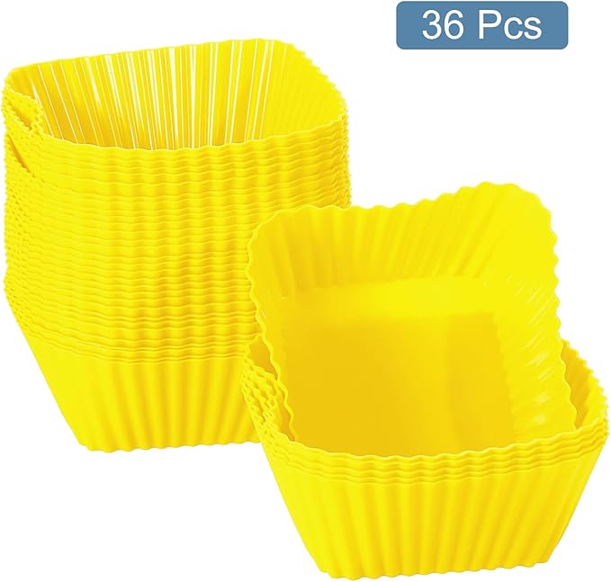 uxcell 36Pcs Silicone Cupcake Baking Cups, Silicone Muffins Liners Non-Stick Square Baking Cups, for Cooking Eggs Baking Muffins and Make a Cake(Yellow)