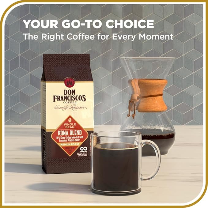 Don Francisco's Kona Blend Whole Bean Coffee, Medium Roast – 100% Arabica, 10 oz Bag, Premium Coffee for Drip, Pour Over and French Press