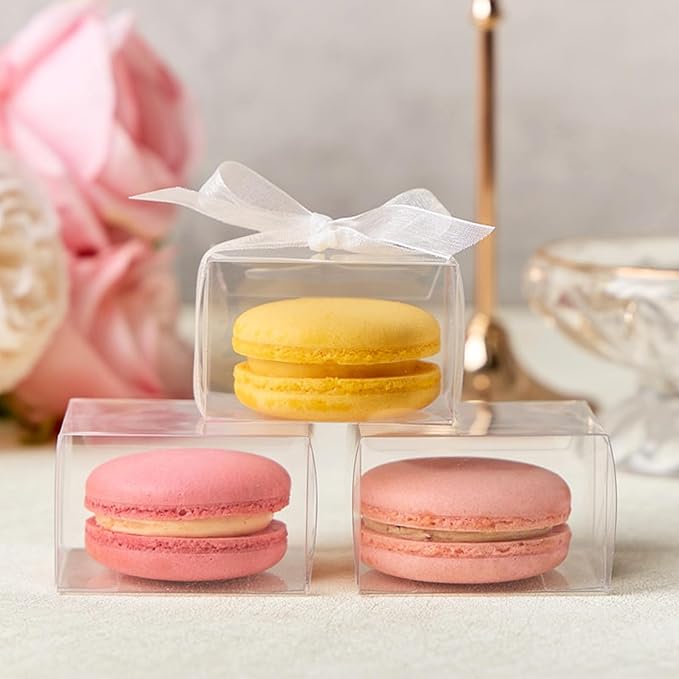 100pcs Clear Single Chocolate Covered Cookies Macaron Box for Wedding Favors Baby Shower 2.17"×2.17"×1.38" Inch, Party Favor Box with Ribbons for Candy Chocolate Mooncake