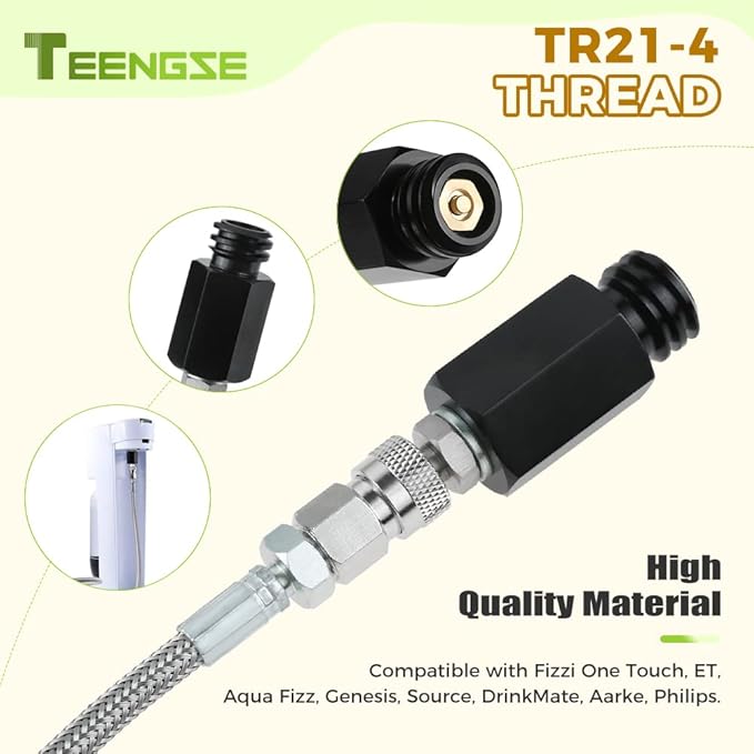 CO2 Cylinder Direct Adapter Hose, 60in Stainless Steel CO2 Tank Hose Compatible with Fizzi One Touch Jet Aqua Fizz, CGA320 to TR21-4