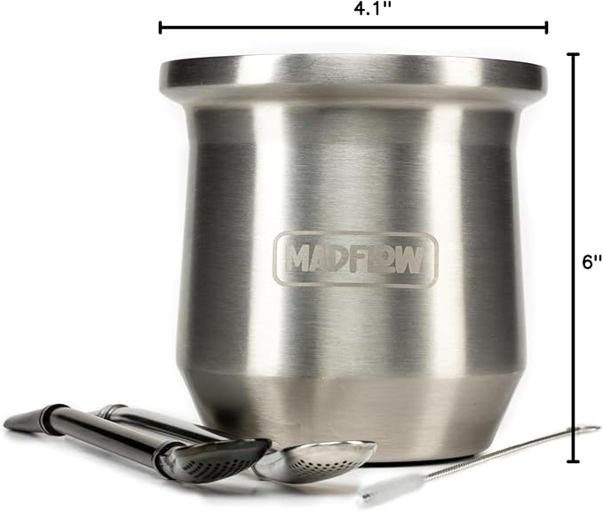 MADFLOW Yerba Mate Cup. Stainless Steel Mate Cup with 2 Bombillas. Double Wall Vacuum Insulated Yerba Mate Gourd. Unique Mate Cup And Bombilla Set