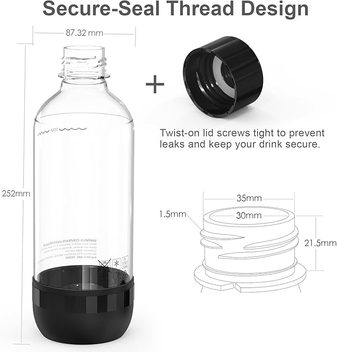 Soda Bottles 1 Litre - Set of 2 BPA-Free PET Reusable - 1 x Black & 1 x White Sparkling Water Bottles Compatible with Soda Machine & Water Carbonator