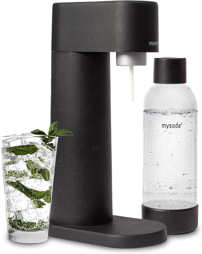 Mysoda Woody Sparkling Water Maker - Silent Carbonated Water Machine Made of Renewable Wood Composite and 1L Water Bottle - Without CO2 Cylinder - Seltzer Maker Machine - Colour Black